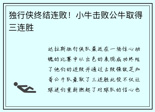 独行侠终结连败！小牛击败公牛取得三连胜